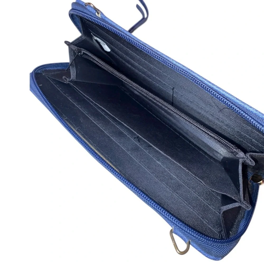 DASEIN Large Wallet Crossbody Bag &  Strap Wristlet Dark Blue Gold Tone Hardware